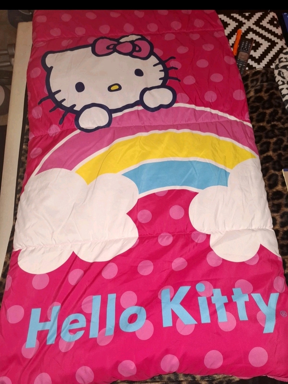 Hello Kitty Pink Polka Dot Comforter with Rainbow and Clouds